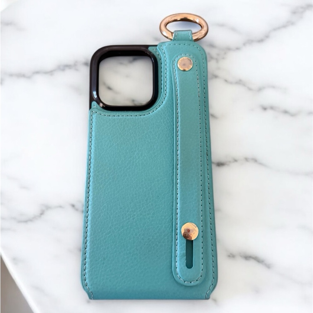 Teal Leather 16 Pro Max Phone Case with Gold Accents